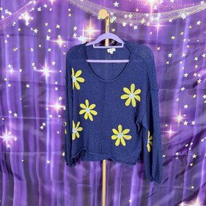 POL Clothing - V-Neck Sweater with Flowers - Blue, Yellow - L - NWT